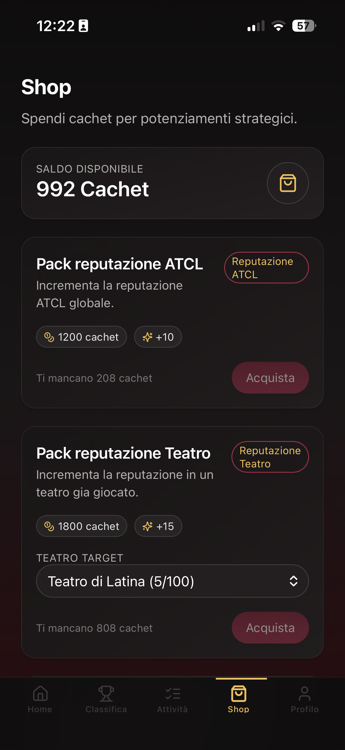 Shop interno con premi, risorse e oggetti digitali